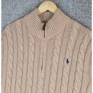 Polo Ralph Lauren Mens XL Cable Knit 1/4 Zip Pullover Sweater Brown Cotton